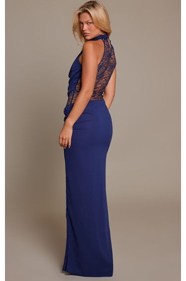Navy Blue Chiffon High Neck Lace Panel Maxi Dress product thumbnail 2