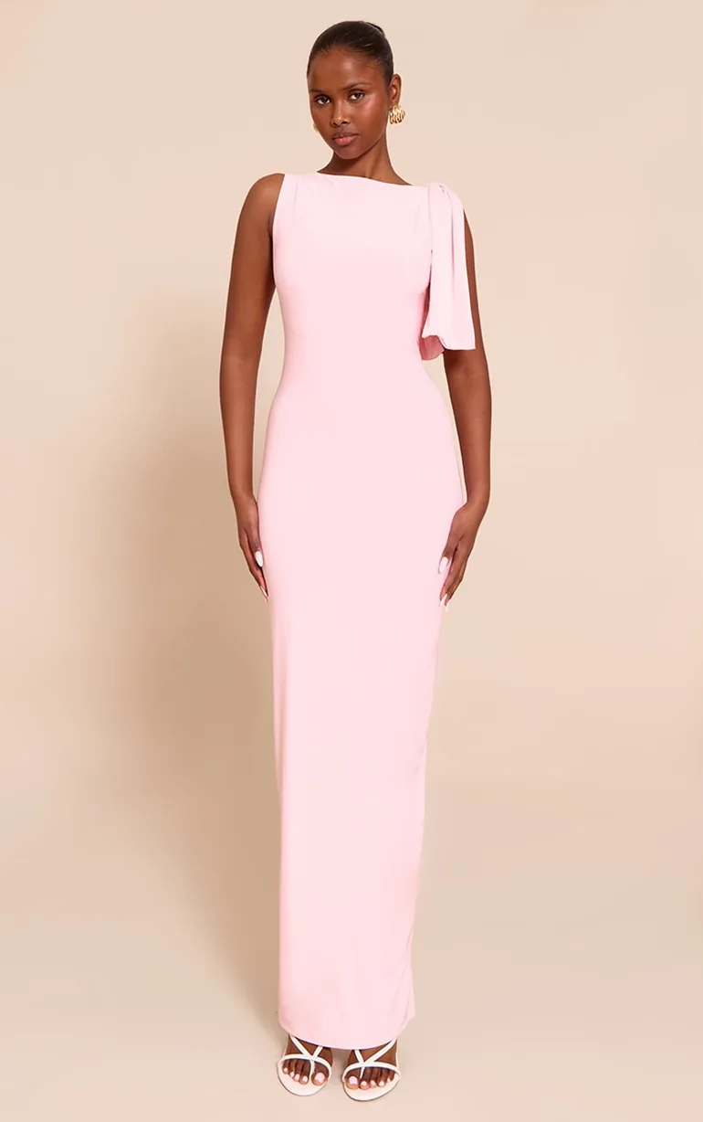 Baby Pink Slinky Knot Drape Midaxi Dress