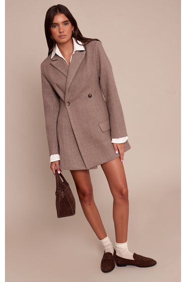 Taupe Wool Look Cinched Waist Blazer Dress