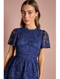 Petite Tiered Lace Dress With Flutter Sleeve & Trims - 3