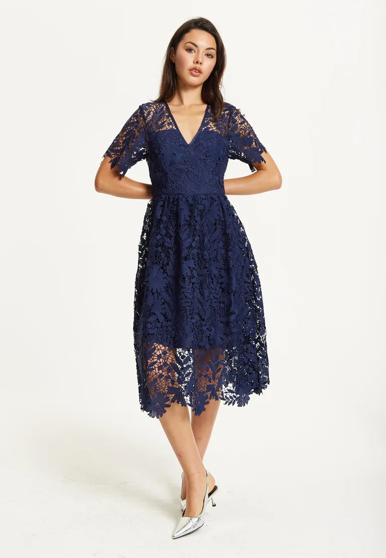 FLARE LACE MIDI DRESS IN NAVY Liquorish Navy : Evening Dresses : VogaCloset Oman FLARE LACE MIDI DRESS IN NAVY Liquorish Navy : Evening Dresses : VogaCloset Oman