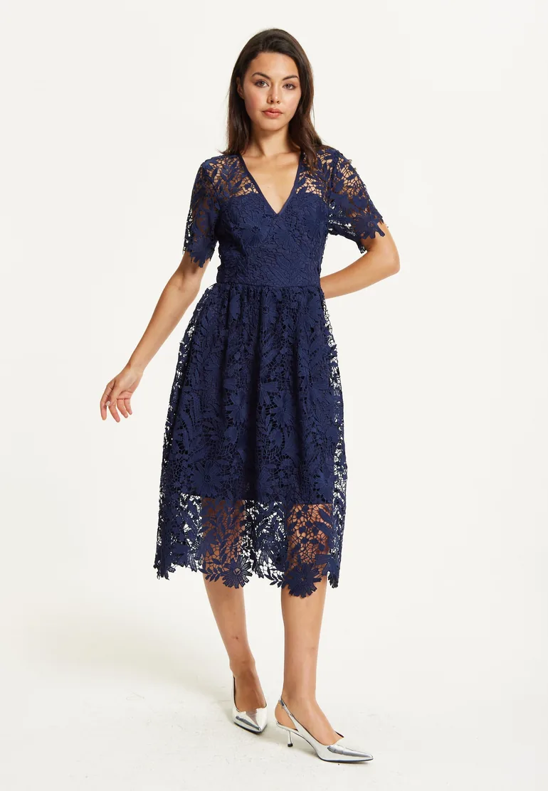 liquorish a line lace detail midi dress Ice Blue Lace Ruched Detail Fishtail Midi Dress – AX Paris main image 0