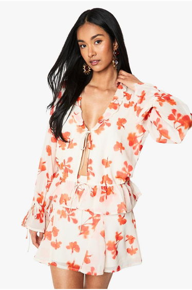 Floral Chiffon Ruffle Blouse - red