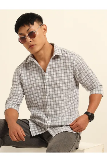 Men Grey Checked Spread Collar Shirt
