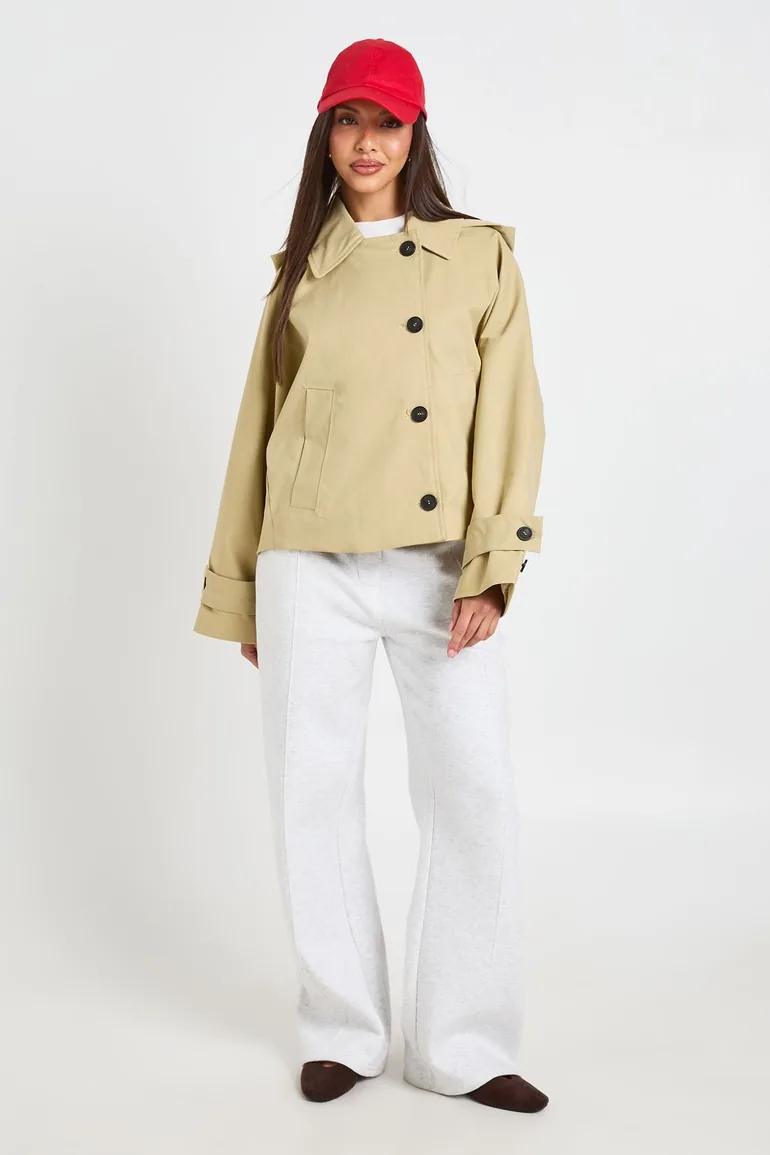 Boxy Detachable Hood Short Trench Jacket - stone