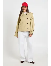 Boxy Detachable Hood Short Trench Jacket - stone