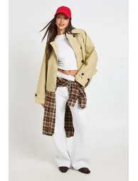 Boxy Detachable Hood Short Trench Jacket - stone - 1