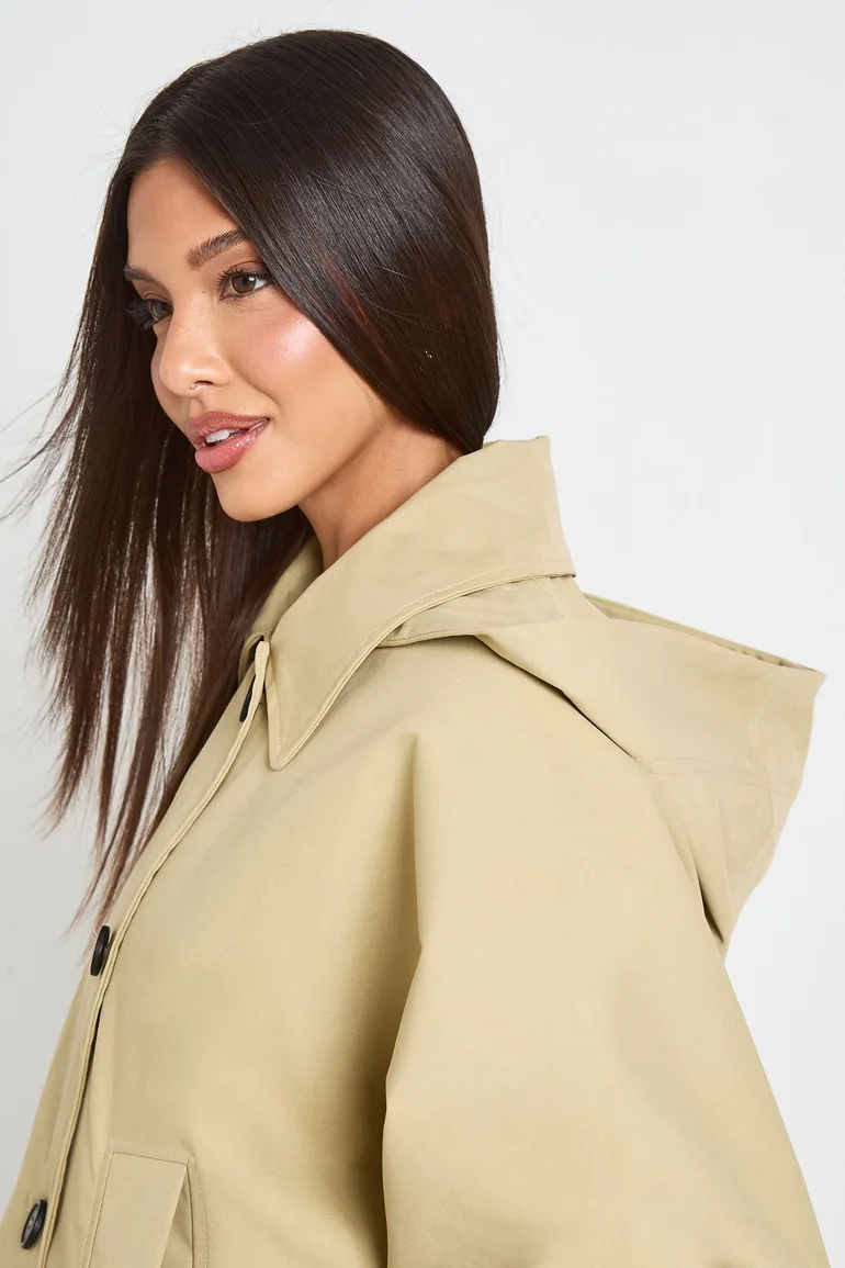 Boxy Detachable Hood Short Trench Jacket - stone - 3
