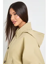 Boxy Detachable Hood Short Trench Jacket - stone - 3