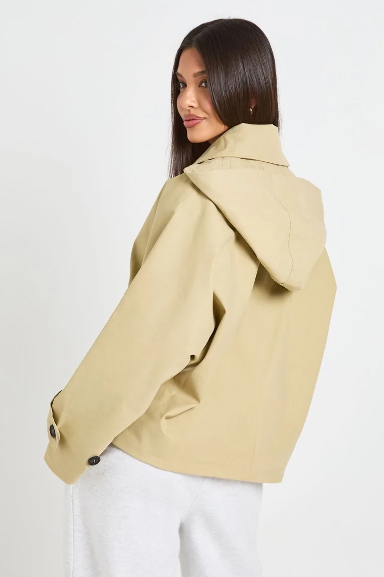 Boxy Detachable Hood Short Trench Jacket - stone - 2