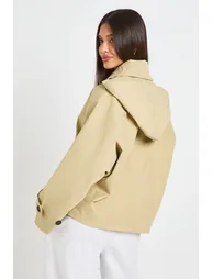 Boxy Detachable Hood Short Trench Jacket - stone - 2