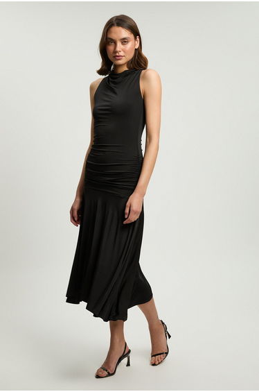 Petite Stretch Drapey Crepe Ruched Hanky Hem Midi Dress