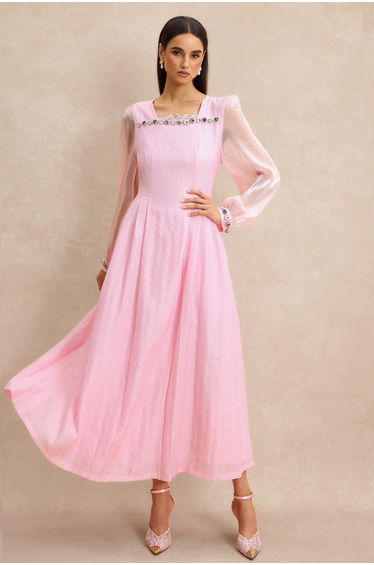 Organza Splicing Rhinestone Square Neck Midi Dress