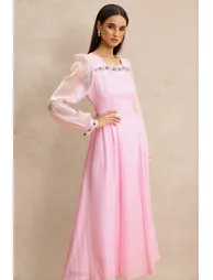 Organza Splicing Rhinestone Square Neck Midi Dress - 2