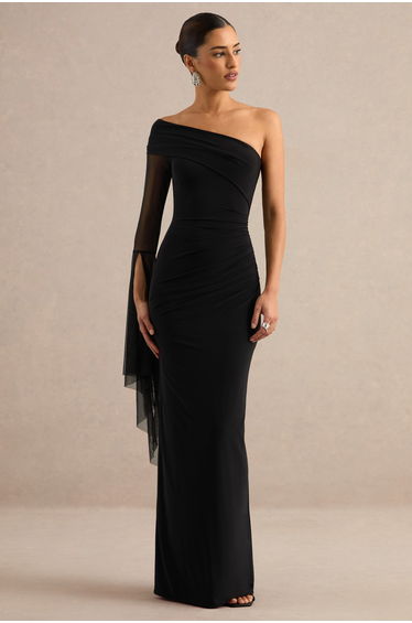 Evony | Black Asymmetric-Neck Maxi Dress With Sheer Cape Sleeve