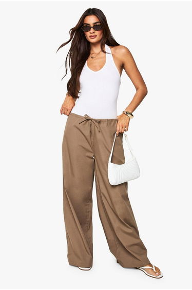 Cotton Poplin Wide Leg Trousers - khaki