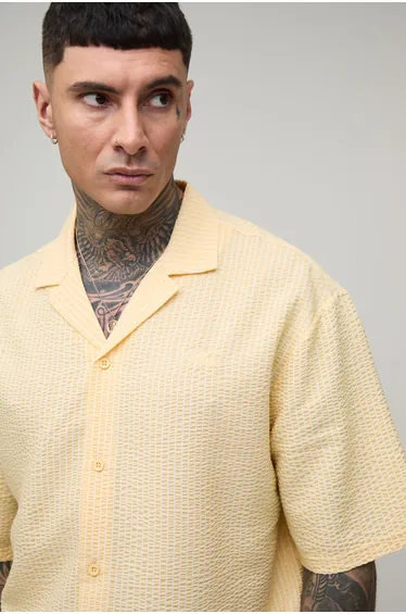 Tall Oversized French Riviera Embroidered Seersucker Half Sleeve Shirt - yellow