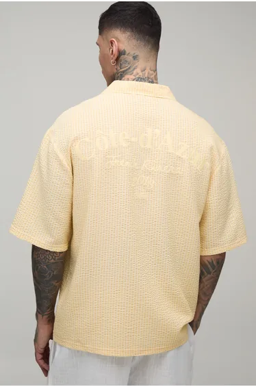 Tall Oversized French Riviera Embroidered Seersucker Half Sleeve Shirt - yellow