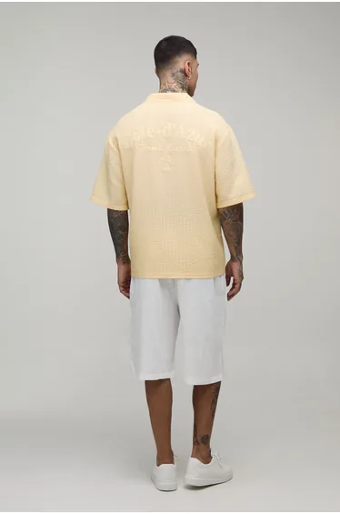 Tall Oversized French Riviera Embroidered Seersucker Half Sleeve Shirt - yellow