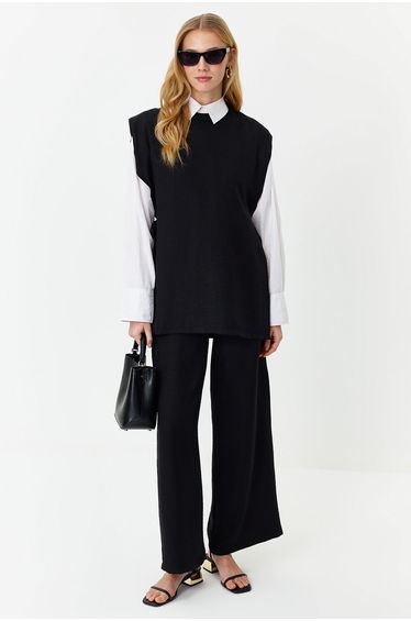 Black Linen Look Side Tie Woven Bottom and Top Set