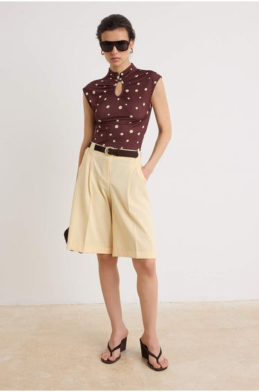 Multicolor Polka Dot Fitted Keyhole Neckline Stretchy Knitted Blouse