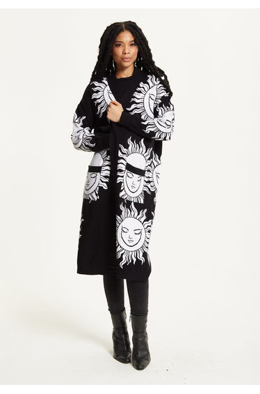 Black Sunface Print Longline Cardigan