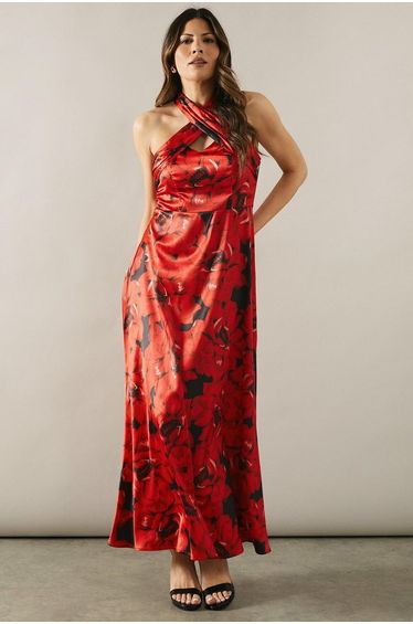 Printed Satin Halterneck Maxi Dress