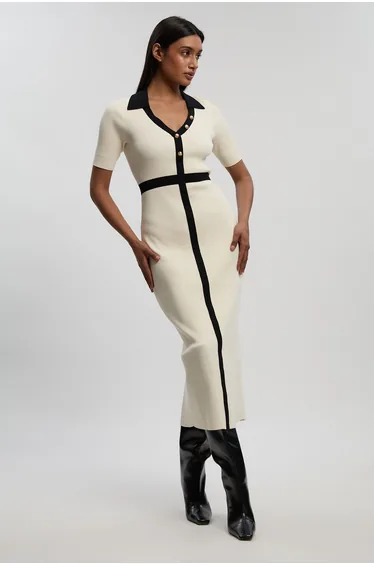 Knit Rib With Contrast Waist Detail Collared Short Sleeve Midi Dress