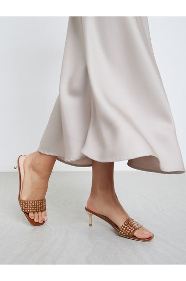 Women Brown Embellished Kitten Heel Sandals
