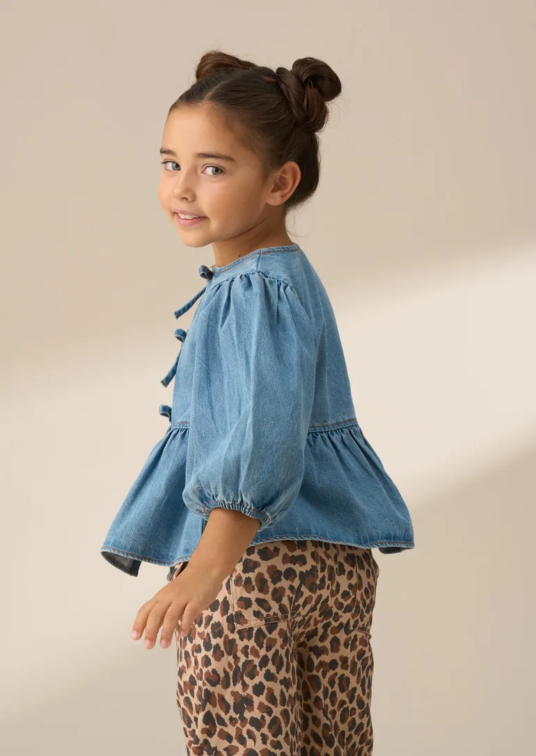 Rochelle Blue Denim Peplum Bow Blouse - 3