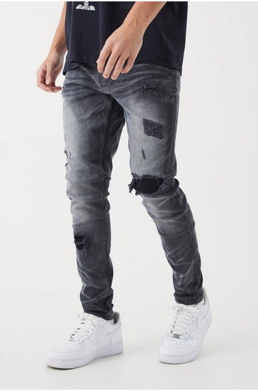 Skinny Stretch Rip & Repair Self Fabric Jeans - mid grey