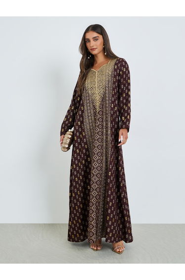 Maroon Foil Print Sweetheart Neck Jalabiya