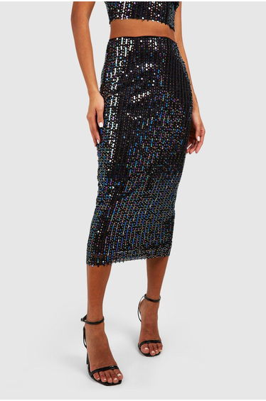 Rainbow Sequin Midaxi Skirt - black