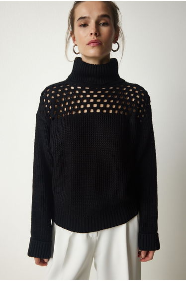 Women's Black Turtleneck Sweater With Openwork Knitwear
