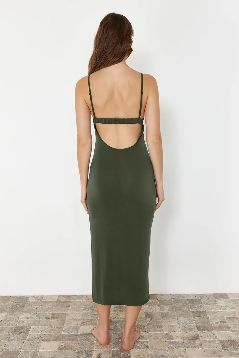 khaki backless dress Hardware Sleeveless Crepe V-Neck, Zelara Beaded Maxi Dress in Khaki, Size S, For Vacation