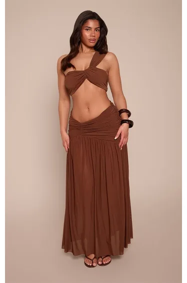 Shape Chocolate Contrast Mesh Ruched Detail Midi Skirt Co-ord