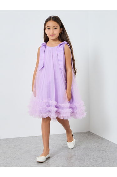 Girls Bow Tie Ruffle Hem Mesh Party Dress