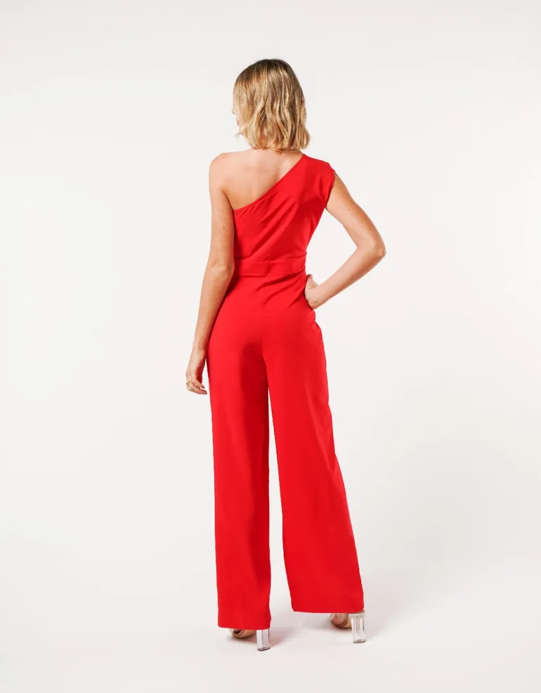 Red One Shoulder Jumpsuit - 1