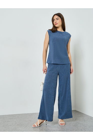 Blue Textured Crepe Knit Top