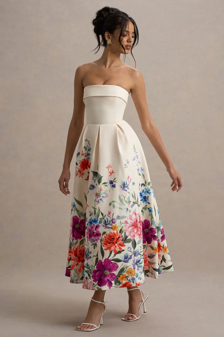 knee length dresses for ladies Annalise Ecru Bandeau Skater Midi Dress  Club L London