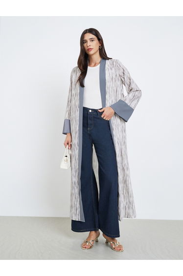 Contrast Trim Printed Kimono with Tie Belt