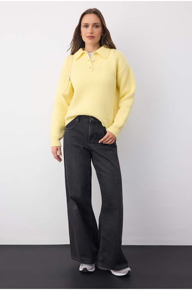 Wardrobe Essentials Yellow Basic Wide Pattern Special Yarn Knit Sweater
