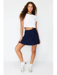 Navy Blue High Waist Mini Knitted Shorts Skirt - 5