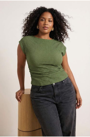 Khaki Degaje Collar Knitted Plus Size Blouse