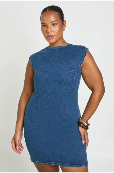 Plus Basic Denim Shift Dress - mid wash