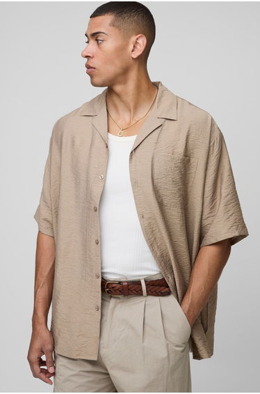 Oversized Half Sleeve Crinkle Viscose Shirt - taupe