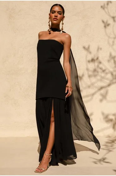 فستان ماكسي شيفون بياقة عالية - أسود