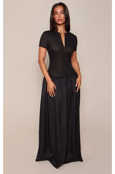 Petite Black Hook & Eye Detail Drop Waist Maxi Dress