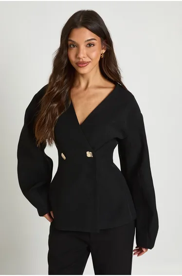 Gold Trim Barrel Sleeve Blazer - black