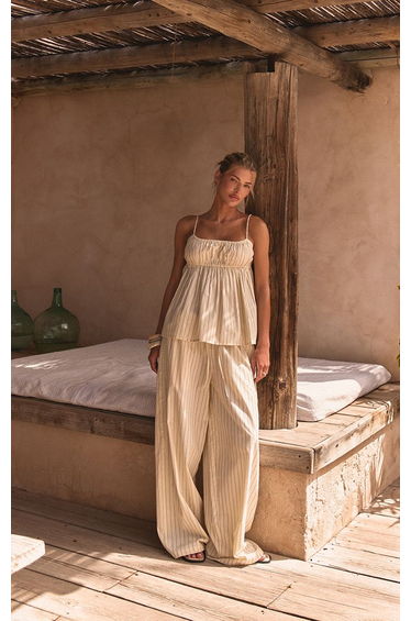 Yellow Pinstripe Cotton Elasticated Trousers